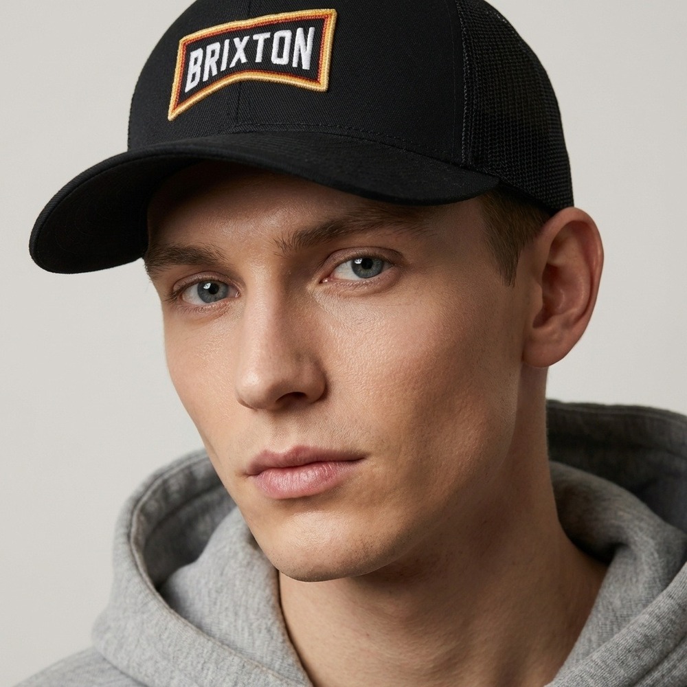 Brixton Mens Black Snapback Trucker Hat Mesh Back Logo‎ Patch Netplus Recycled